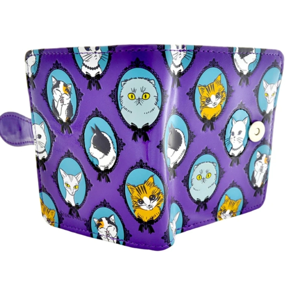 Shagwear Small Wallet Premium Vegan Leather Cat Cameo Pattern Purple Clutch Bag